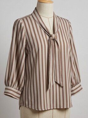 Adrianna Papell Tie Neck Striped Knit Top XL Cocoa Tan White 3/4 Sleeve
